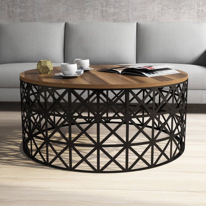 Hanah Home Selin Metal Ferforje Mesa de Centro Nogal y Negro